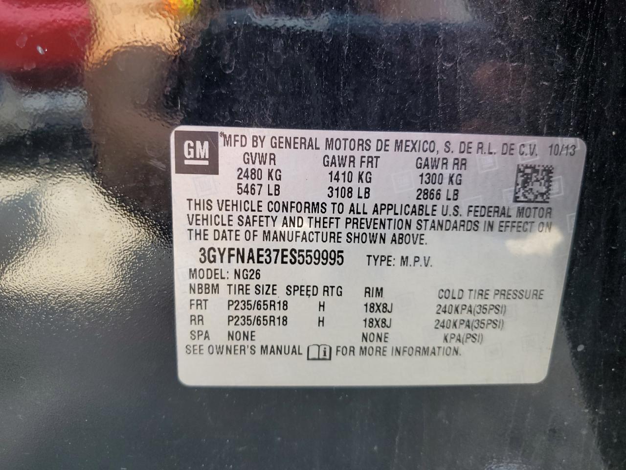 2014 Cadillac Srx VIN: 3GYFNAE37ES559995 Lot: 64605955