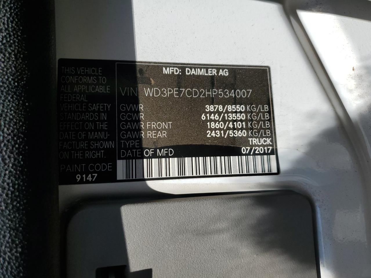 2017 Mercedes-Benz Sprinter 2500 VIN: WD3PE7CD2HP534007 Lot: 67073675