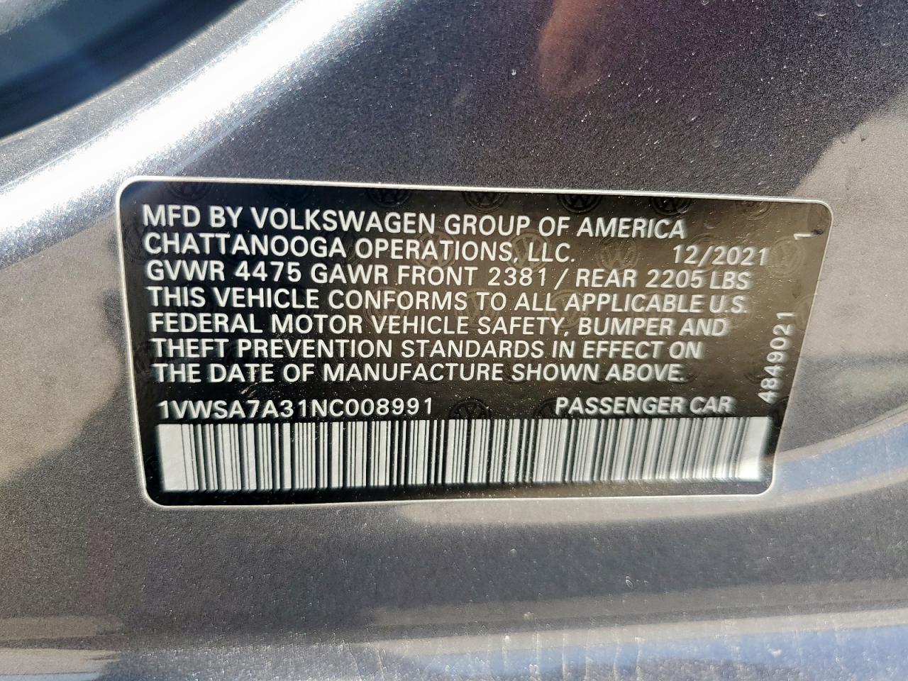 2022 Volkswagen Passat Se VIN: 1VWSA7A31NC008991 Lot: 64279335