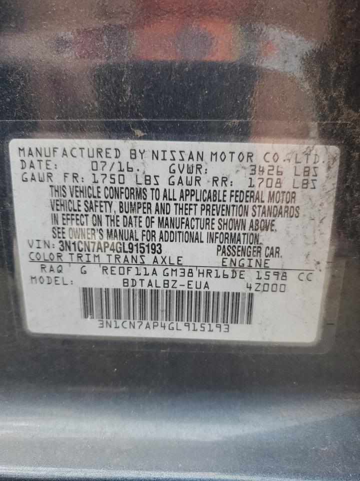 2016 Nissan Versa S VIN: 3N1CN7AP4GL915193 Lot: 64668955
