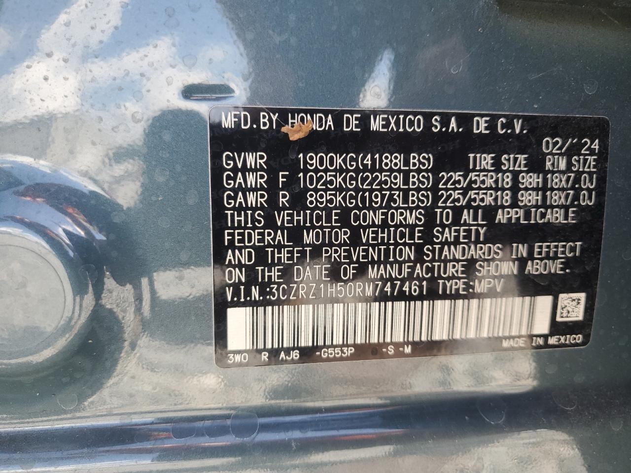2024 Honda Hr-V Sport VIN: 3CZRZ1H50RM747461 Lot: 65558885