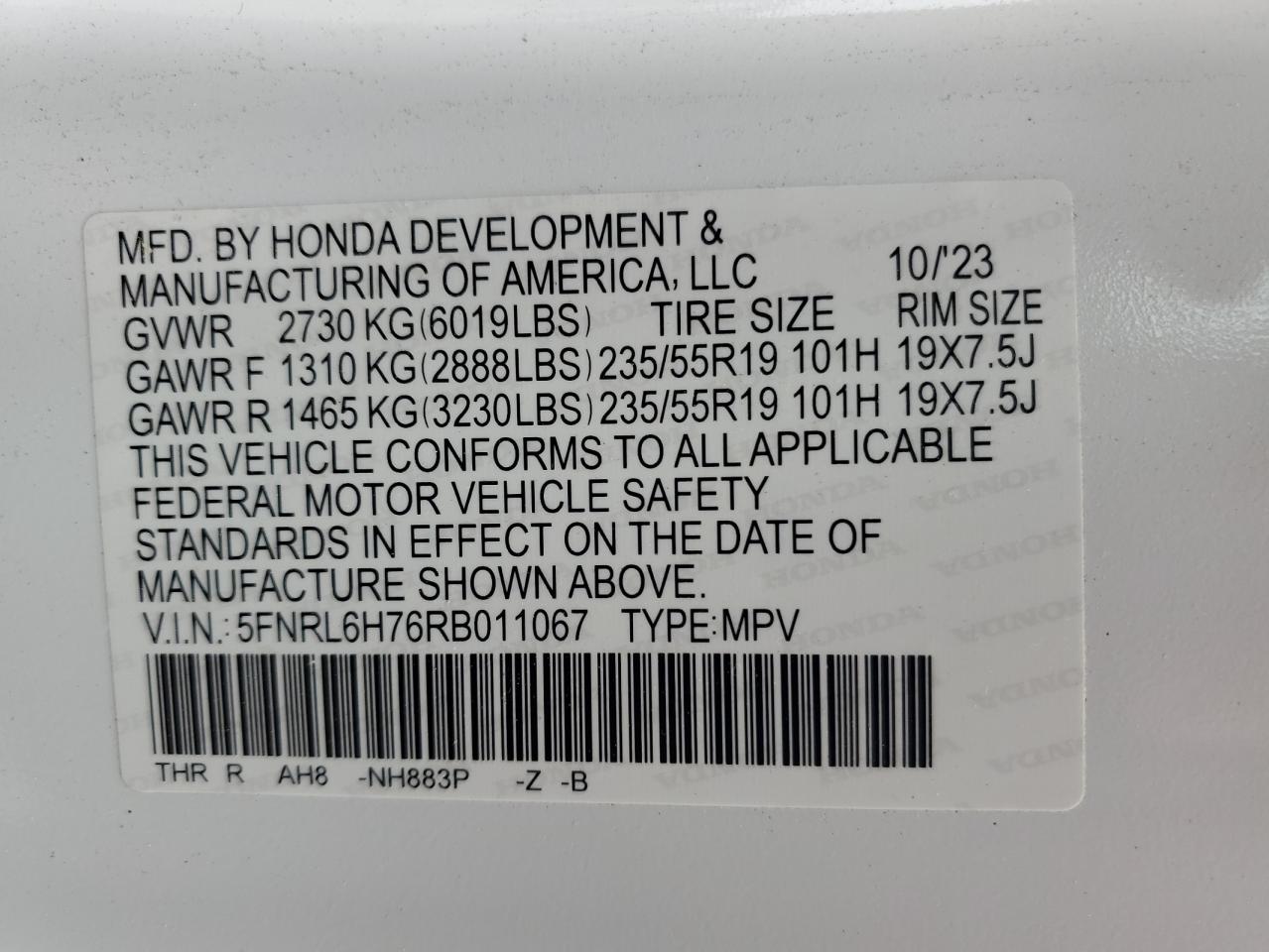 5FNRL6H76RB011067 HONDA ODYSSEY SP 2024