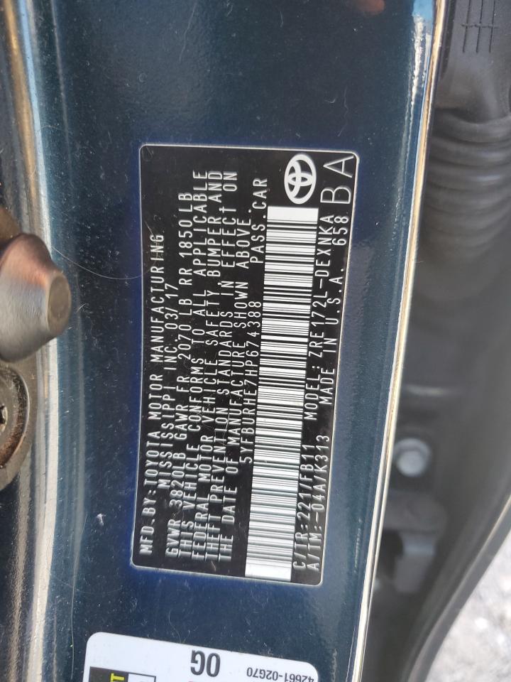 2017 Toyota Corolla L VIN: 5YFBURHE7HP674388 Lot: 64770015