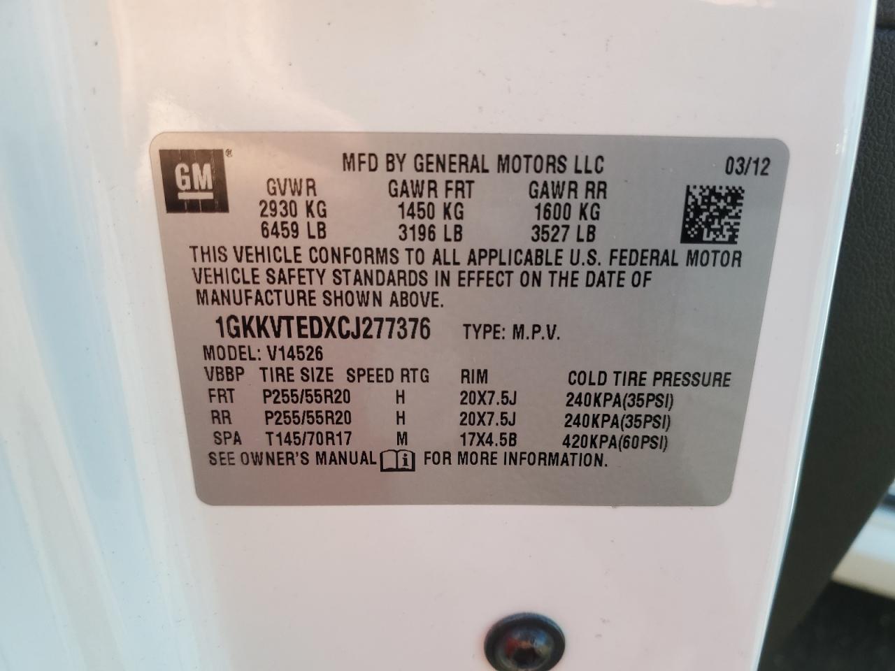 2012 GMC Acadia Denali VIN: 1GKKVTEDXCJ277376 Lot: 63626155