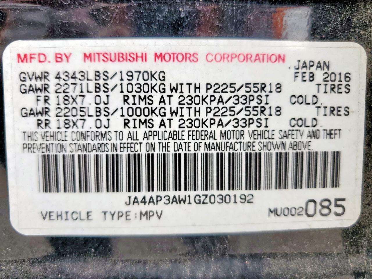 2016 Mitsubishi Outlander Sport Es VIN: JA4AP3AW1GZ030192 Lot: 64548835
