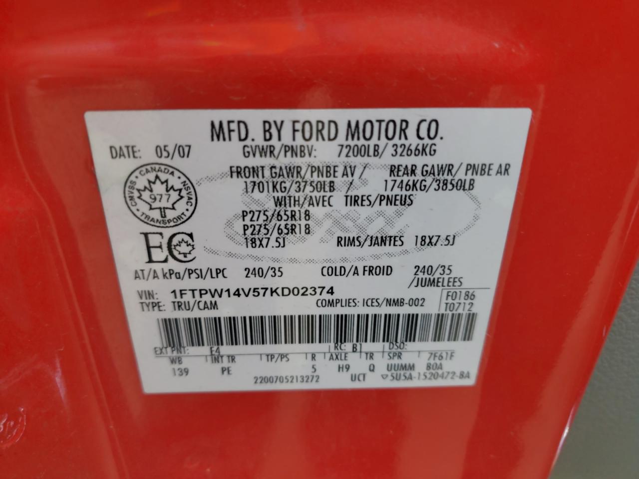 2007 Ford F150 Supercrew VIN: 1FTPW14V57KD02374 Lot: 64364955