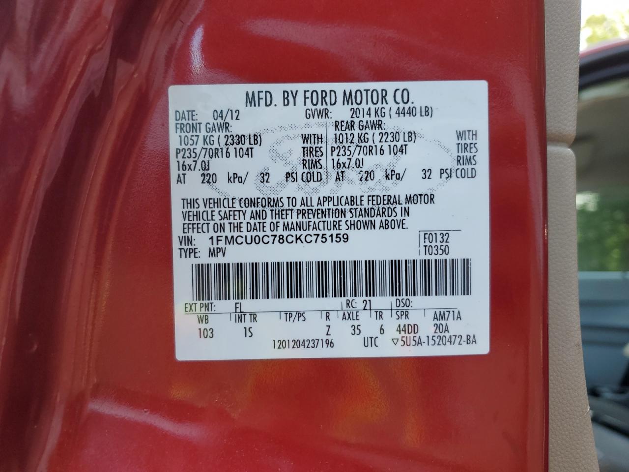2012 Ford Escape Xls VIN: 1FMCU0C78CKC75159 Lot: 65393955