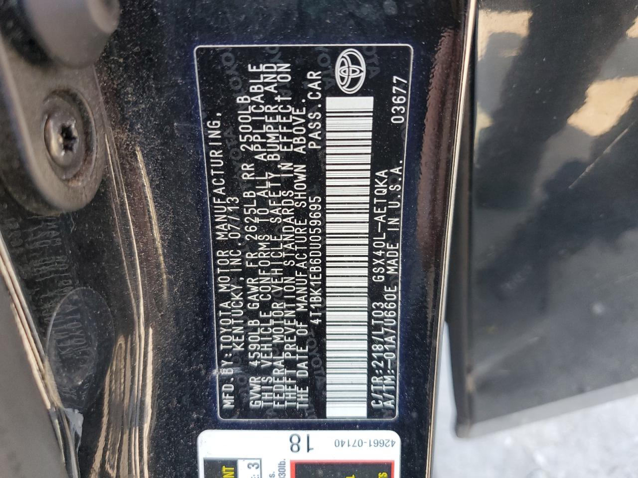 2013 Toyota Avalon Base VIN: 4T1BK1EB6DU059695 Lot: 63259085