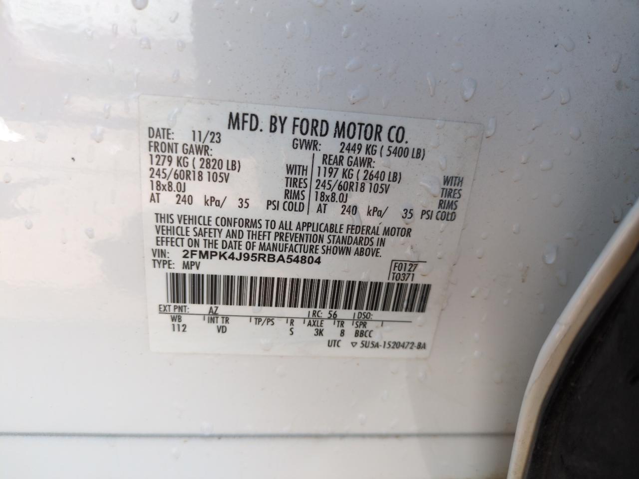 2024 Ford Edge Sel VIN: 2FMPK4J95RBA54804 Lot: 62028125