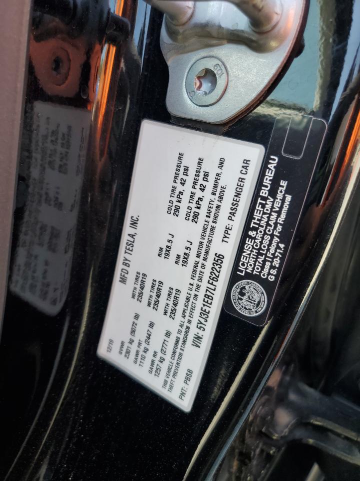 2020 Tesla Model 3 VIN: 5YJ3E1EB7LF622356 Lot: 62598075