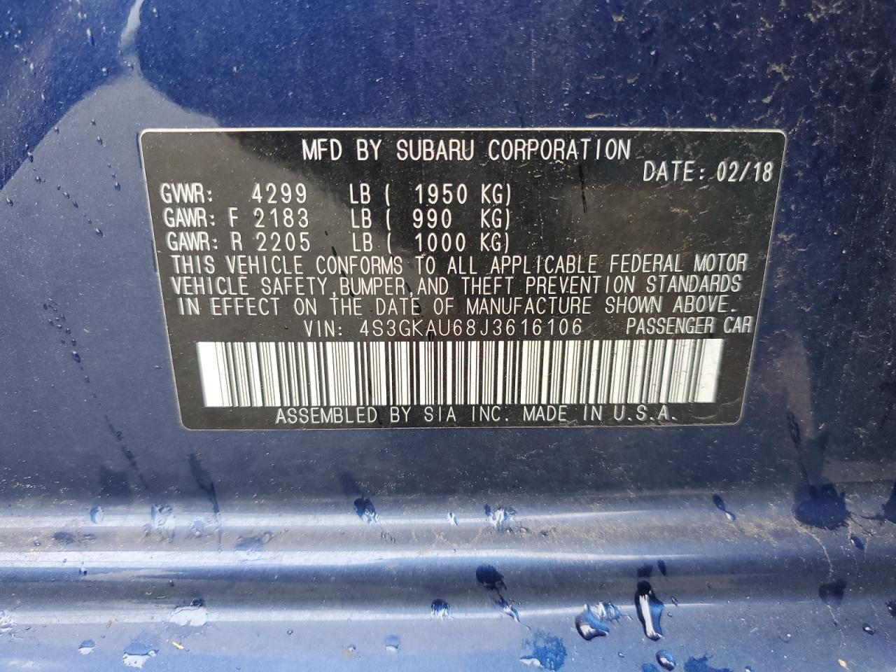 2018 Subaru Impreza Limited VIN: 4S3GKAU68J3616106 Lot: 63269735