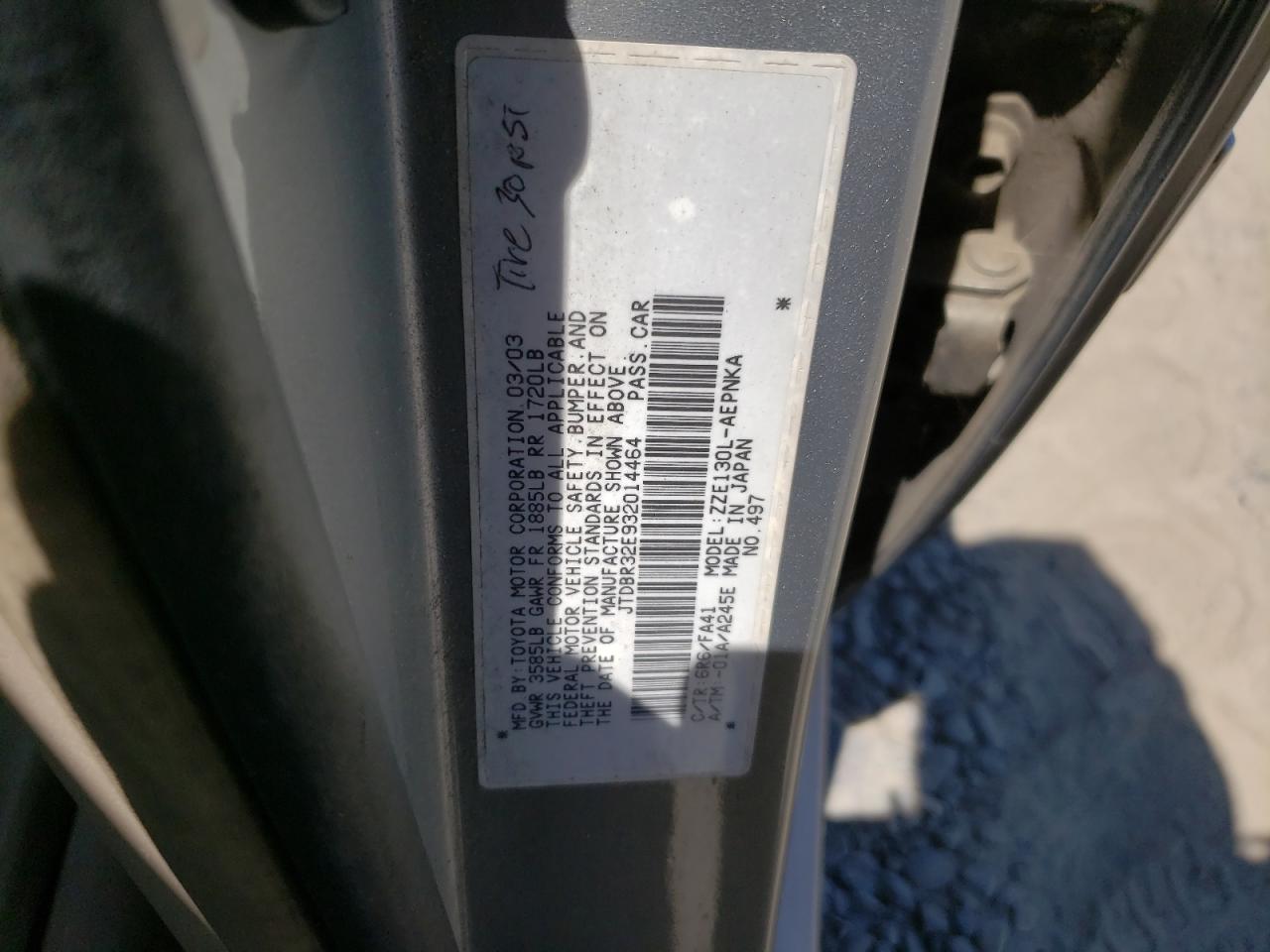 2003 Toyota Corolla Ce VIN: JTDBR32E932014464 Lot: 64957845