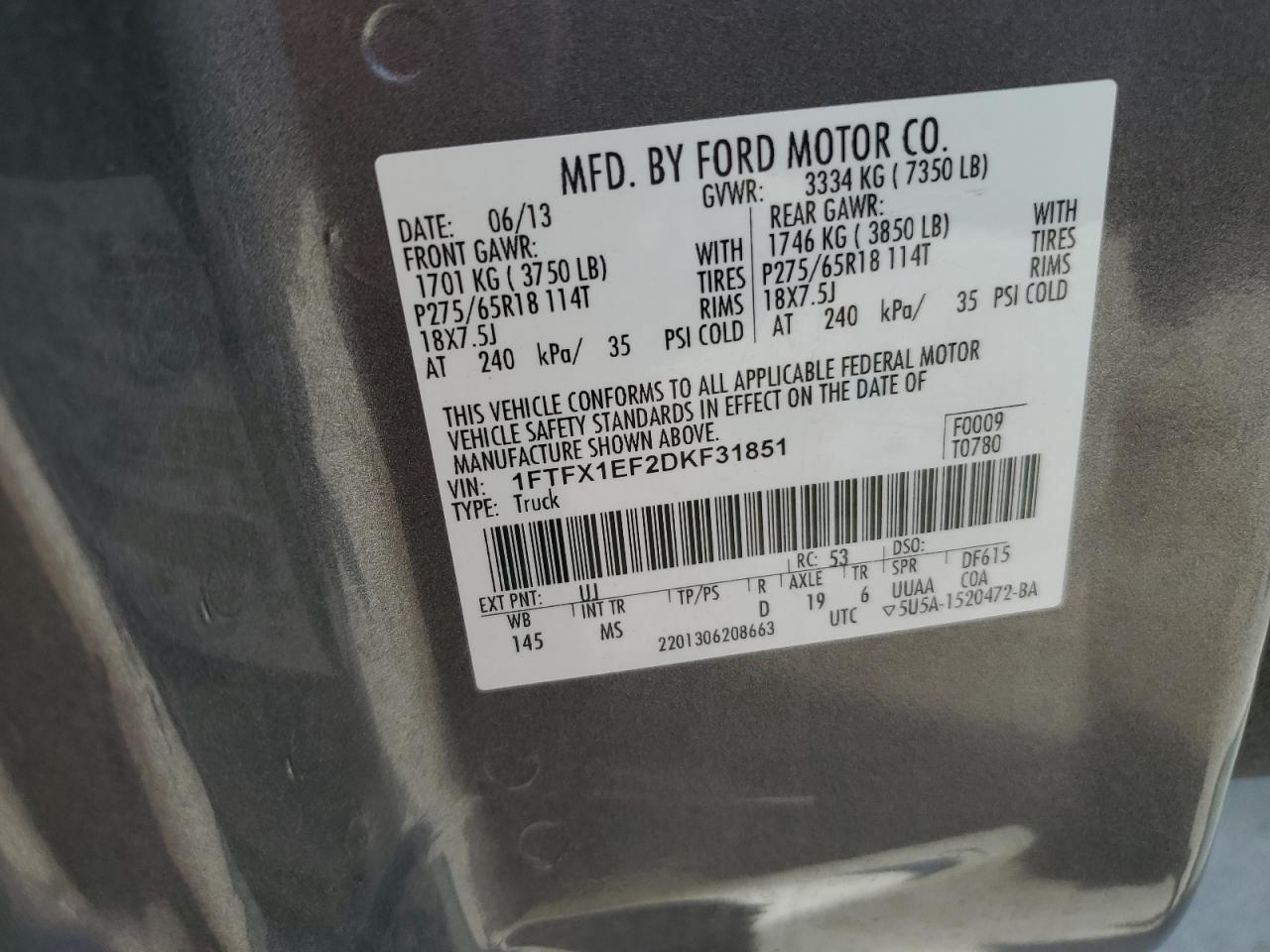 2013 Ford F150 Super Cab VIN: 1FTFX1EF2DKF31851 Lot: 64243345