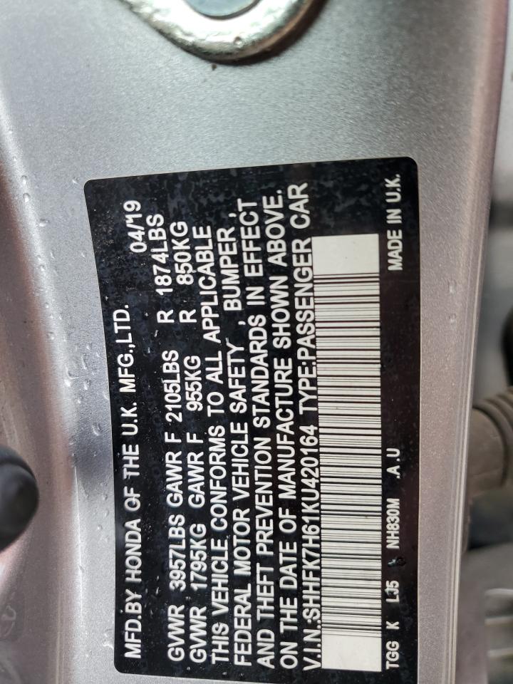 2019 Honda Civic Ex VIN: SHHFK7H61KU420164 Lot: 64592035