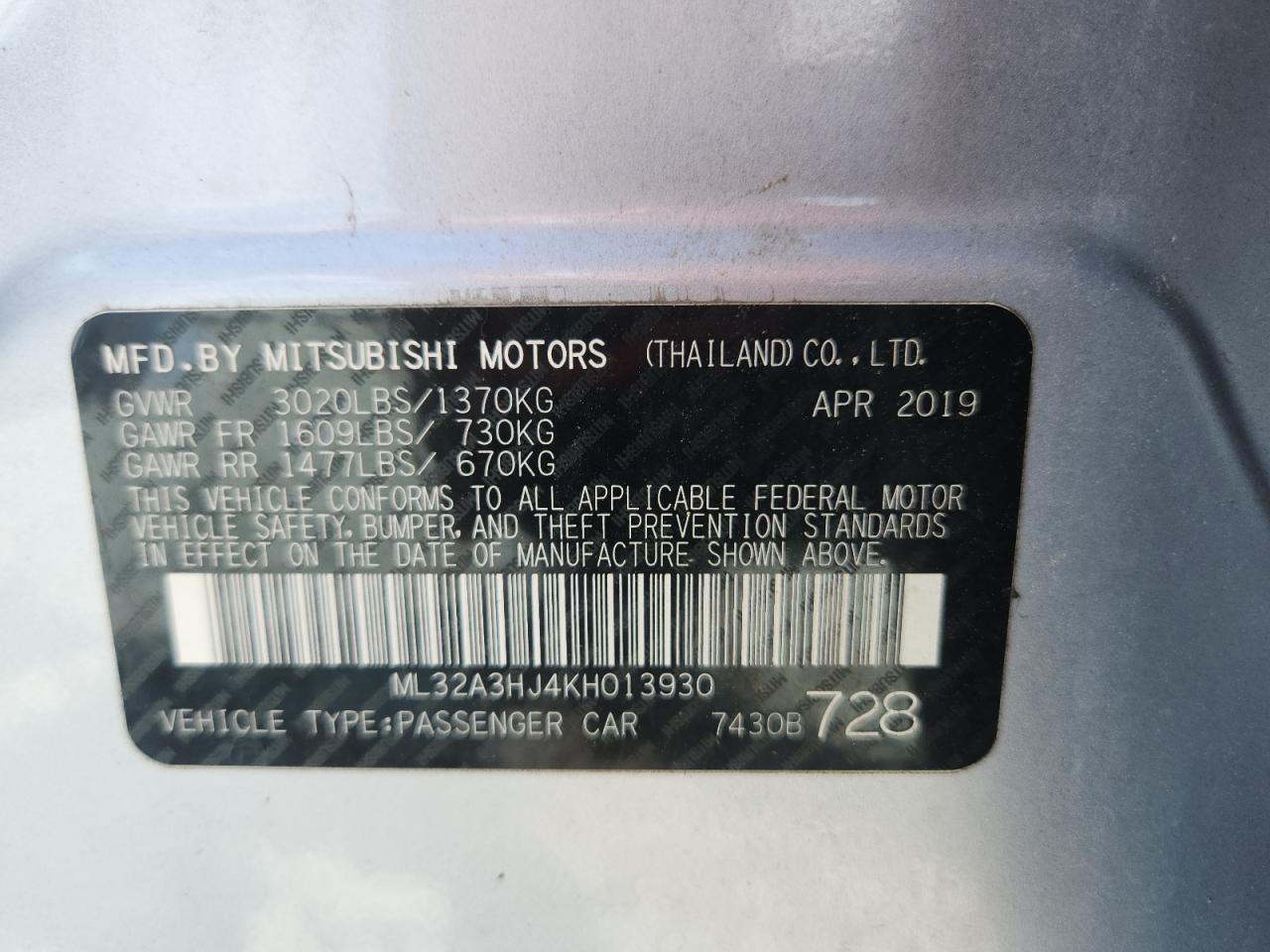ML32A3HJ4KH013930 2019 Mitsubishi Mirage Es
