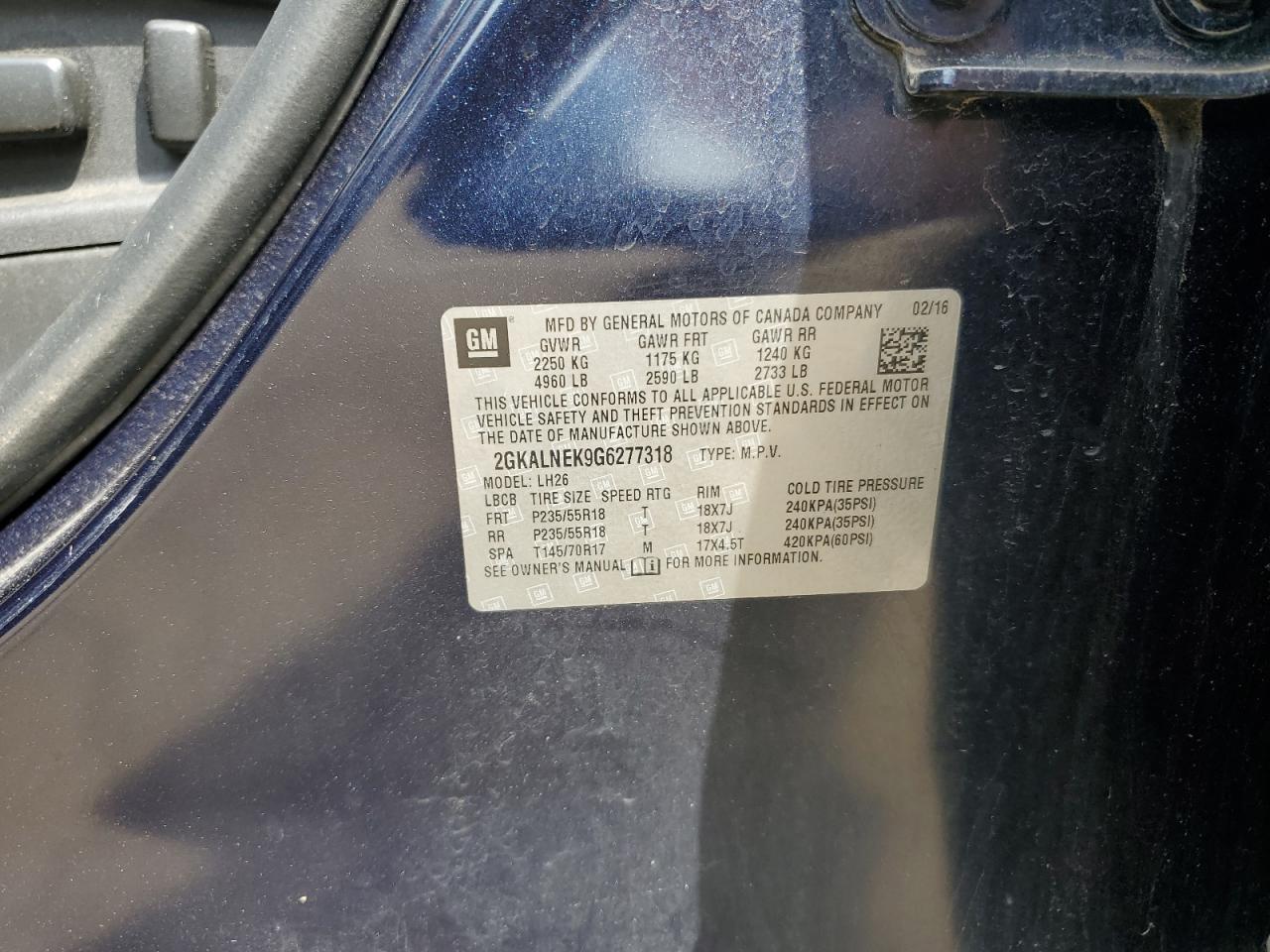 2016 GMC Terrain Sle VIN: 2GKALNEK9G6277318 Lot: 64236255
