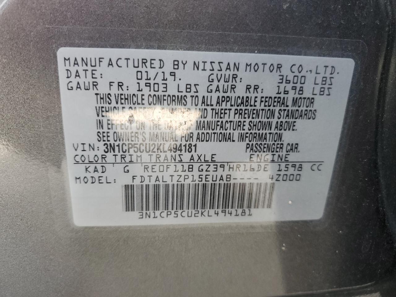 2019 Nissan Kicks S VIN: 3N1CP5CU2KL494181 Lot: 66398295