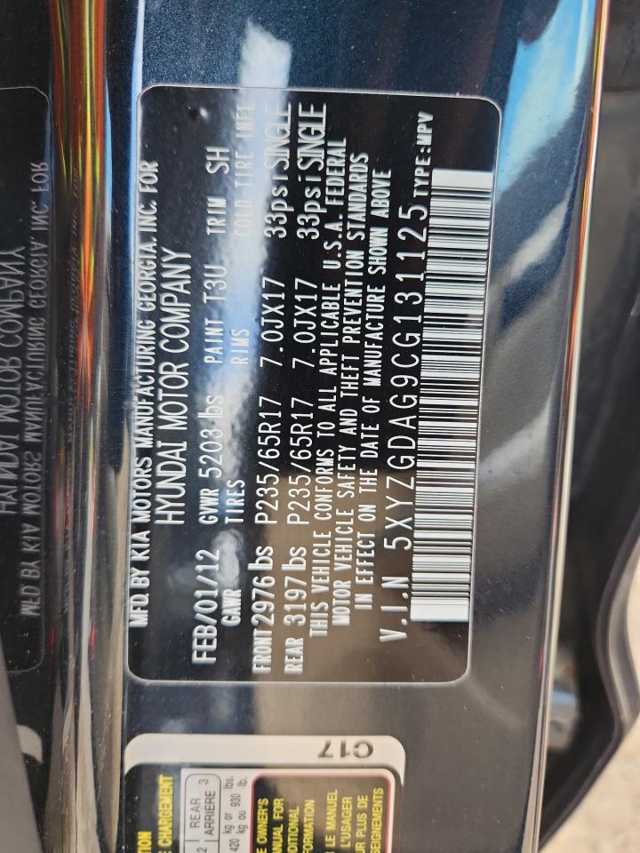 2012 Hyundai Santa Fe Gls VIN: 5XYZGDAG9CG131125 Lot: 65238145