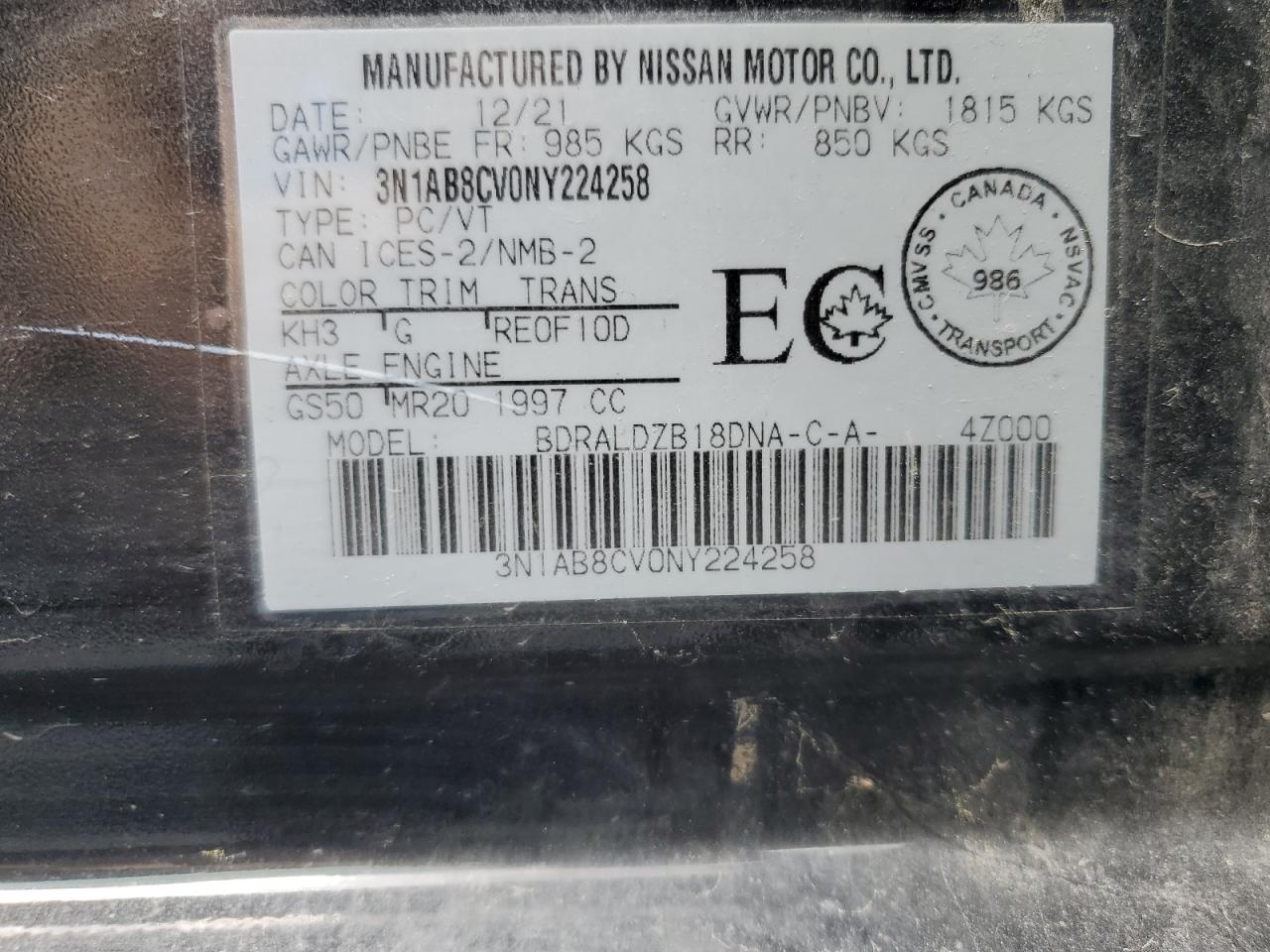 2022 Nissan Sentra Sv VIN: 3N1AB8CV0NY224258 Lot: 63255505