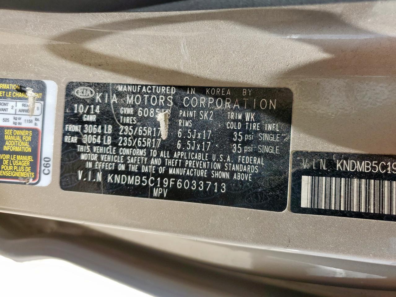 2015 Kia Sedona Lx VIN: KNDMB5C19F6033713 Lot: 66329665