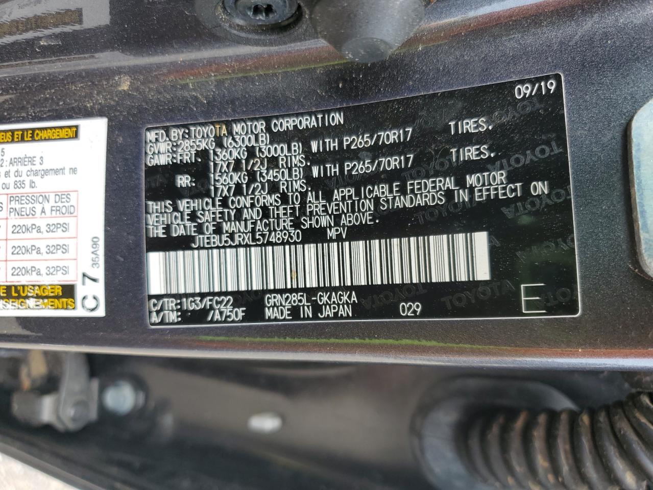 2020 Toyota 4Runner Sr5/Sr5 Premium VIN: JTEBU5JRXL5748930 Lot: 62872985