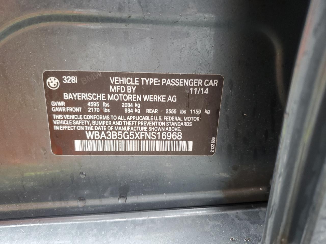 2015 BMW 328 Xi Sulev VIN: WBA3B5G5XFNS16968 Lot: 64236635