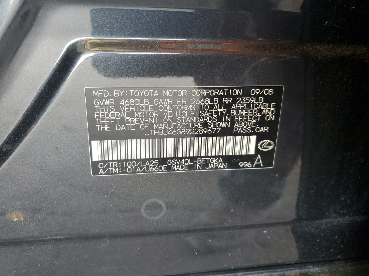 2009 Lexus Es 350 VIN: JTHBJ46G892289677 Lot: 64165685