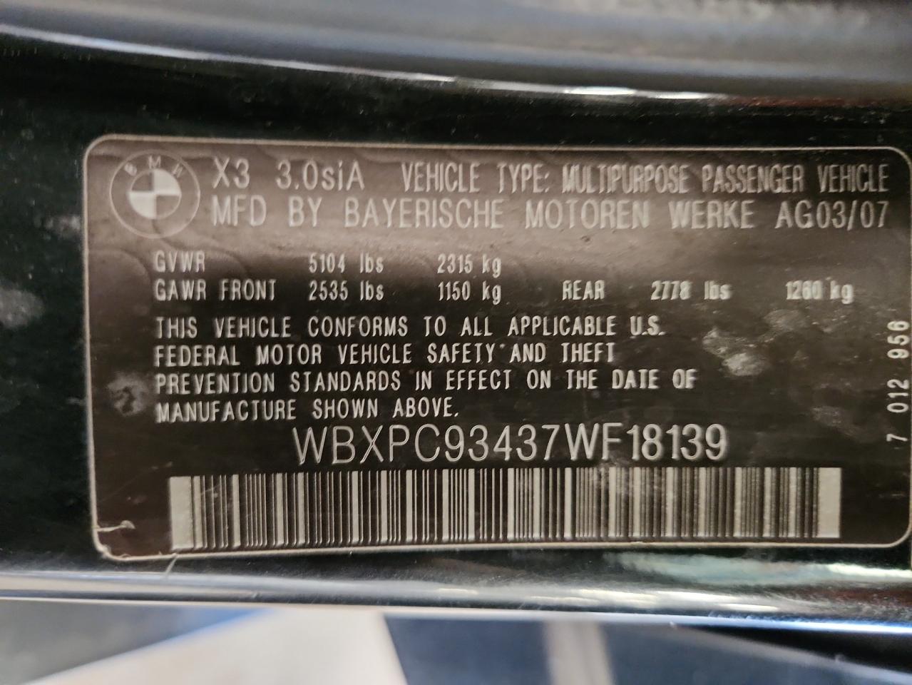 2007 BMW X3 3.0Si VIN: WBXPC93437WF18139 Lot: 65290025