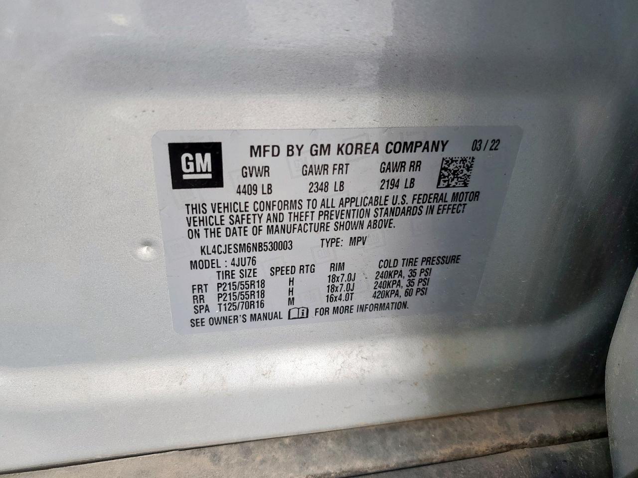 2022 Buick Encore Preferred VIN: KL4CJESM6NB530003 Lot: 64925835