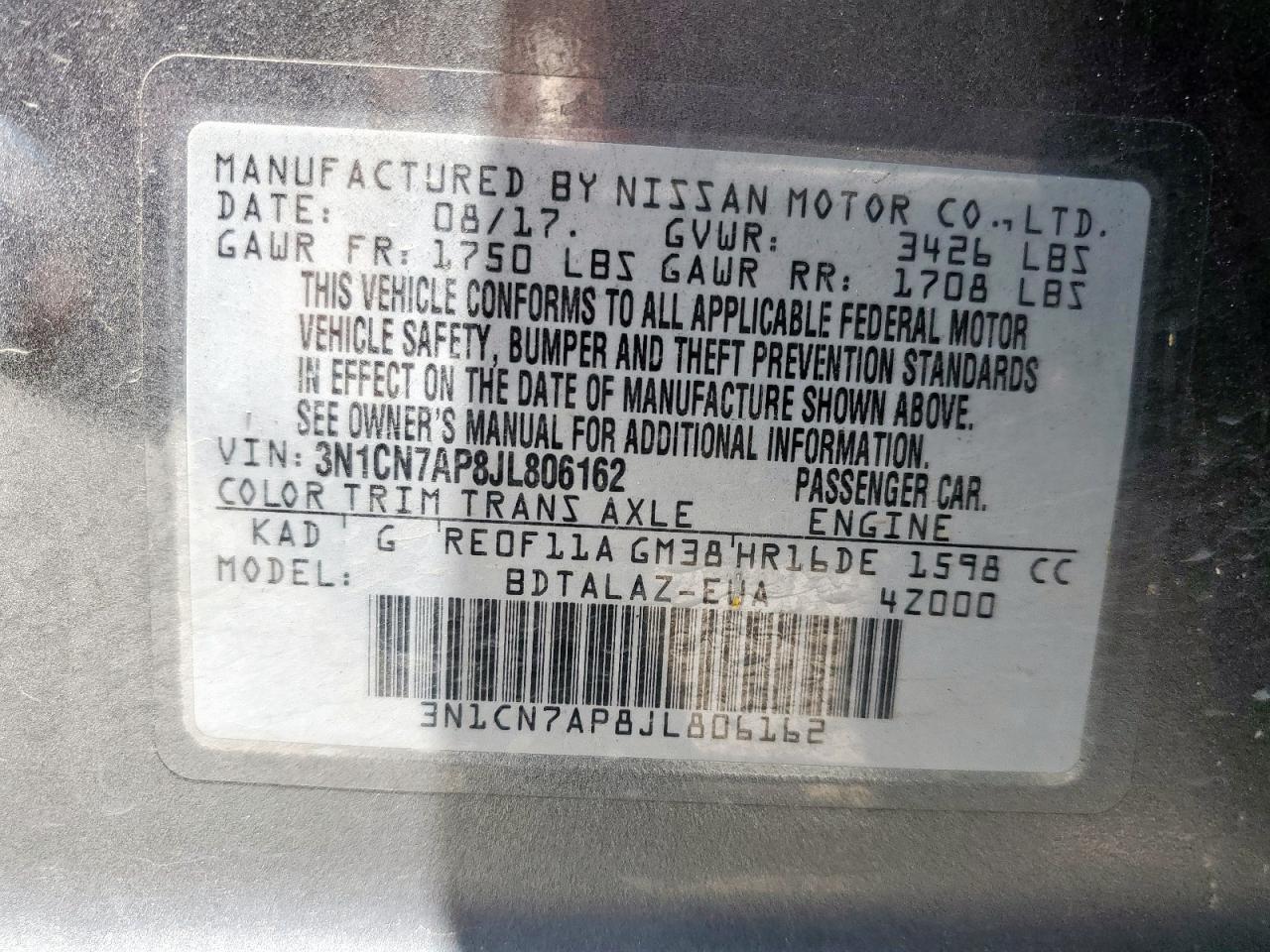 2018 Nissan Versa S VIN: 3N1CN7AP8JL806162 Lot: 64325835