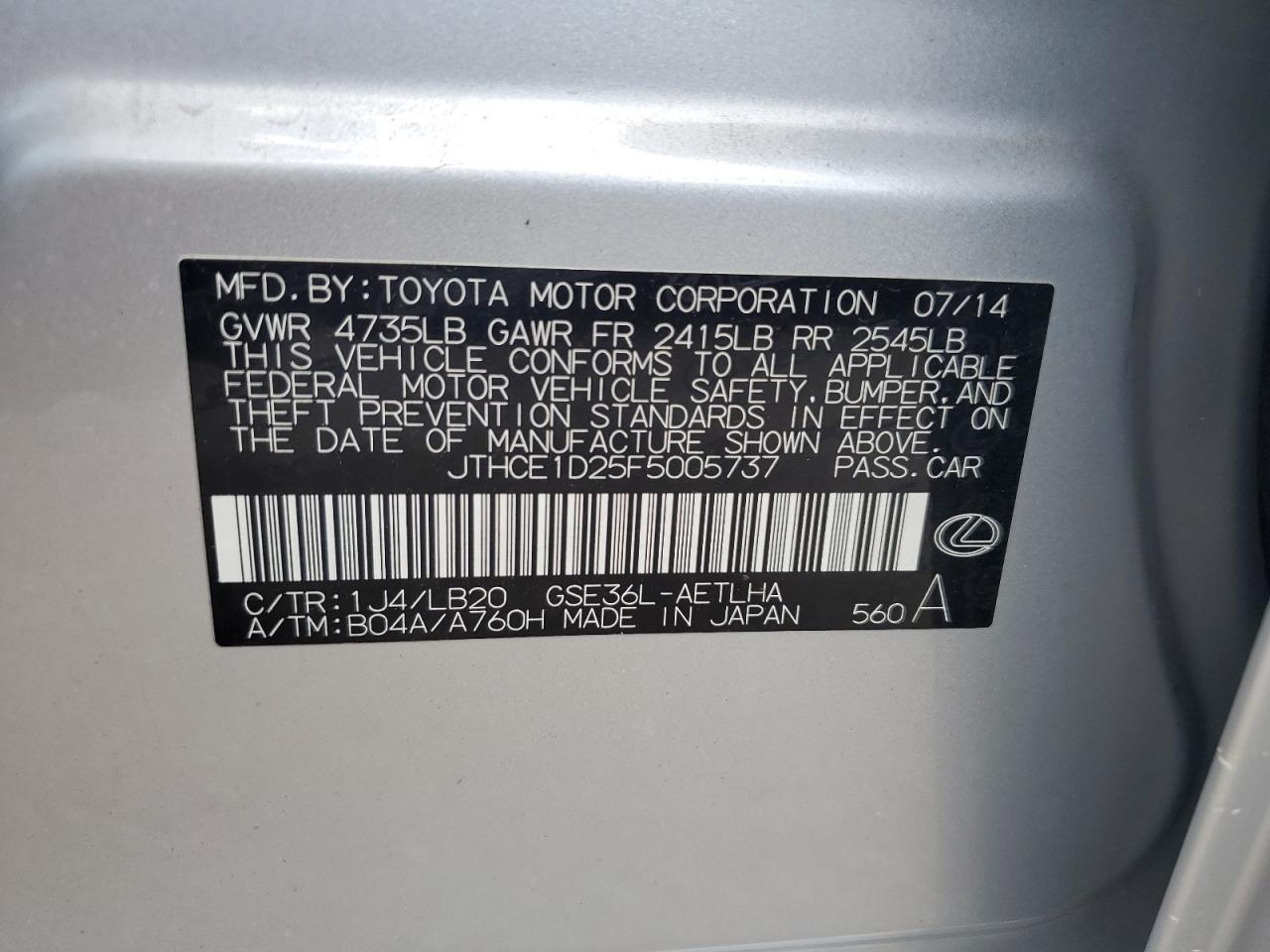 2015 Lexus Is 350 VIN: JTHCE1D25F5005737 Lot: 64611475