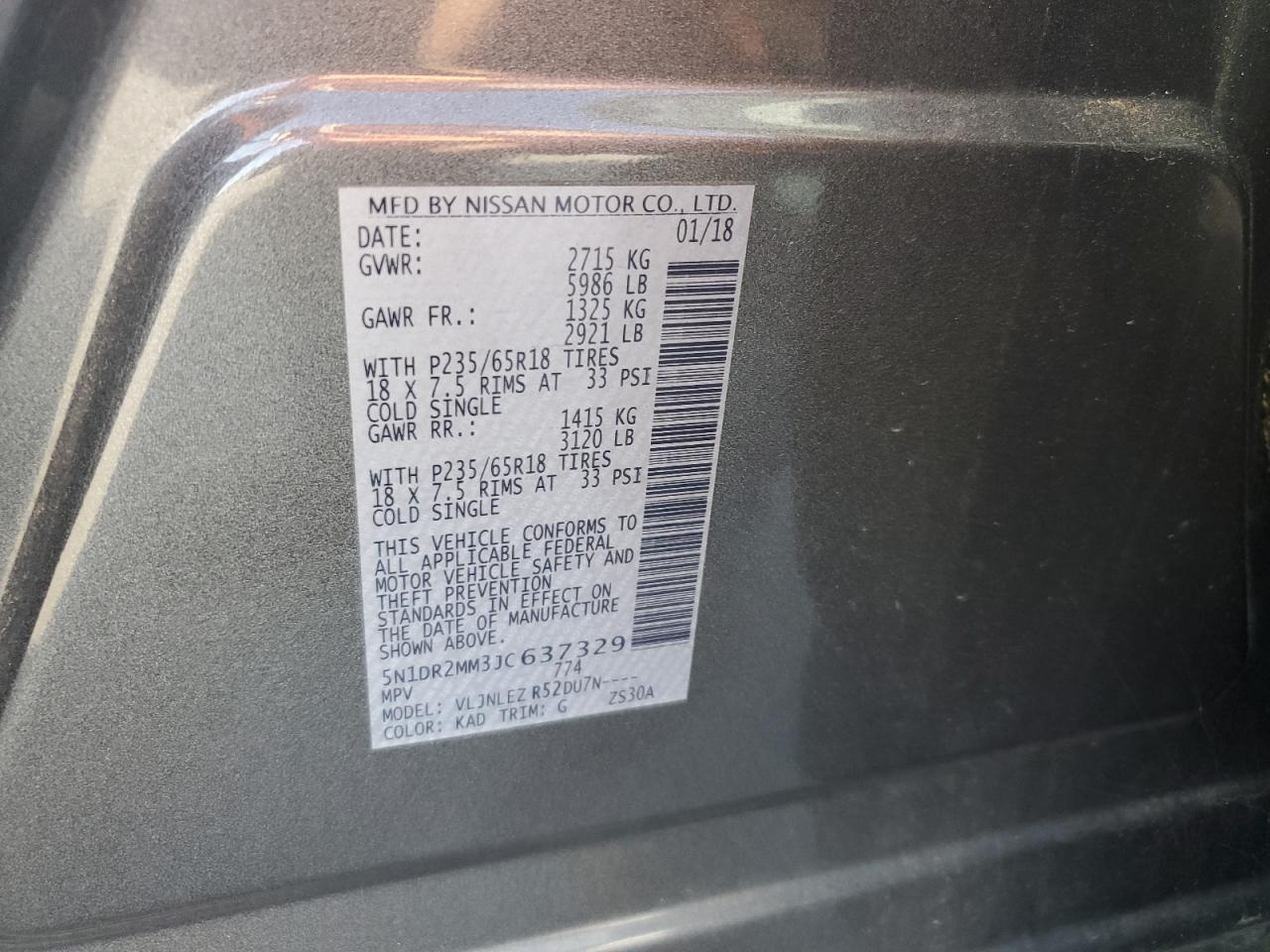 2018 Nissan Pathfinder S VIN: 5N1DR2MM3JC637329 Lot: 66140605