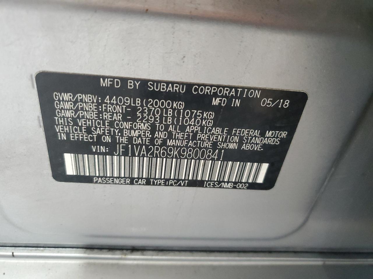 2019 Subaru Wrx Sti VIN: JF1VA2R69K9800841 Lot: 62899725