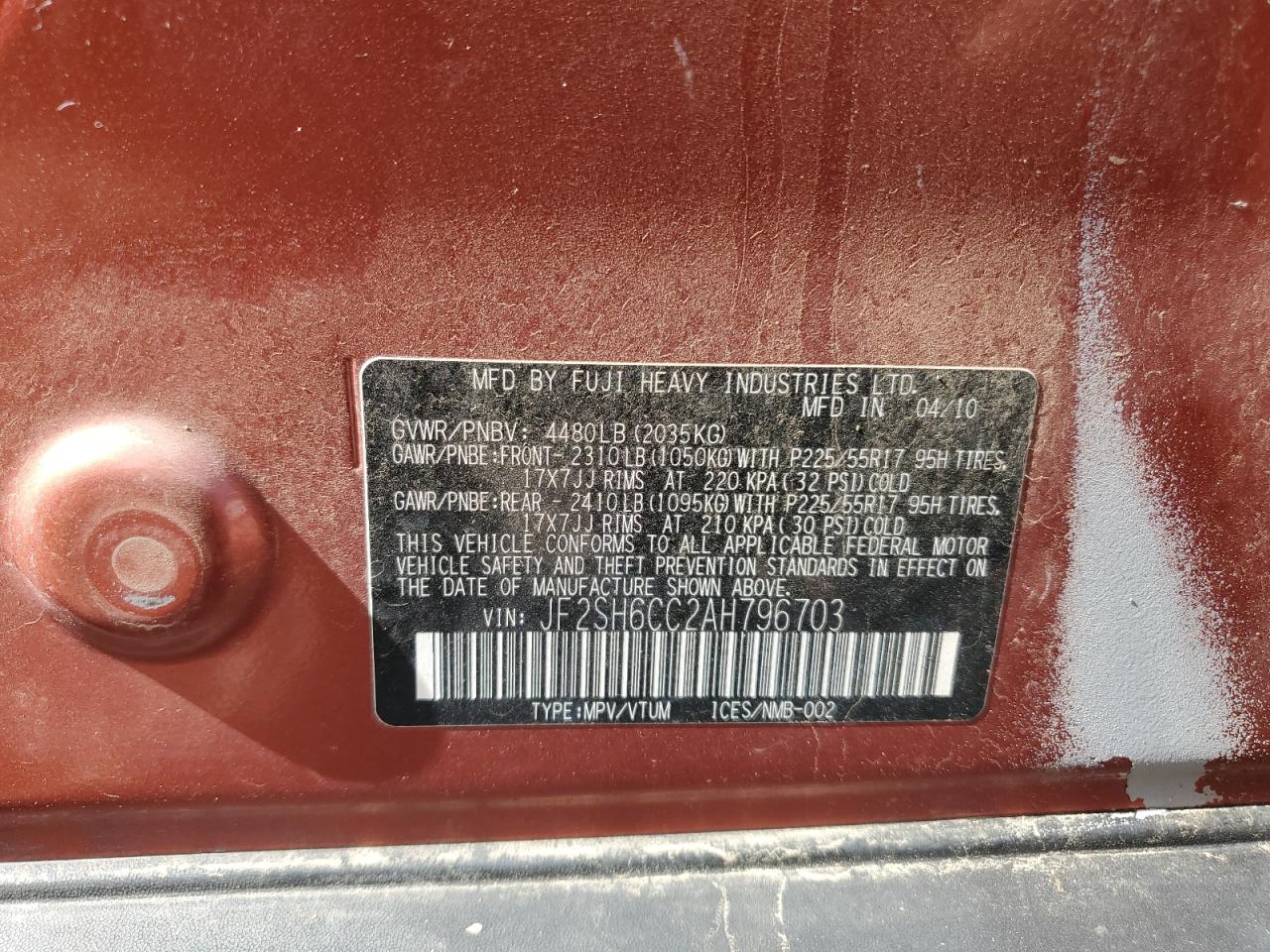 2010 Subaru Forester 2.5X Premium VIN: JF2SH6CC2AH796703 Lot: 93421585