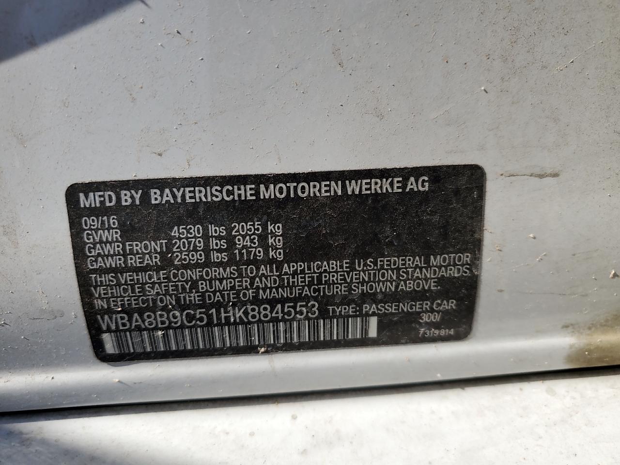 2017 BMW 330 I VIN: WBA8B9C51HK884553 Lot: 64305045