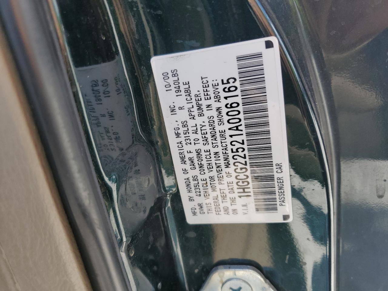 2001 Honda Accord Ex VIN: 1HGCG22521A006165 Lot: 64959295