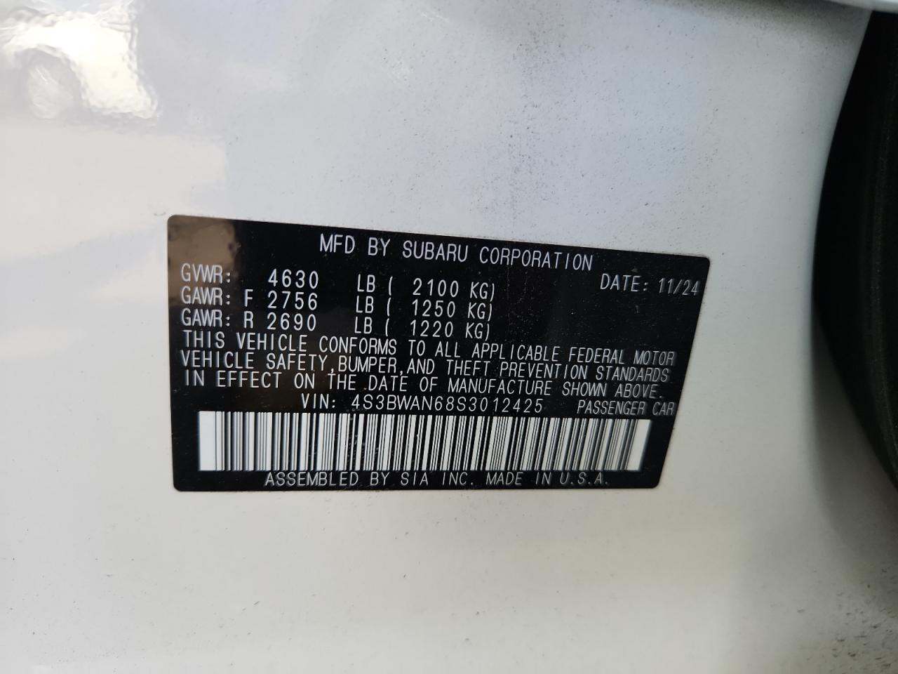 2025 Subaru Legacy Limited VIN: 4S3BWAN68S3012425 Lot: 65117035