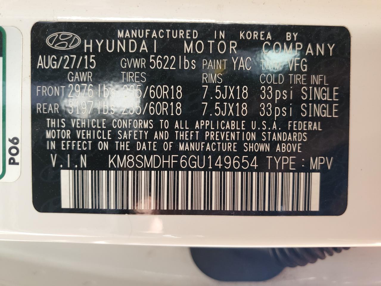 2016 Hyundai Santa Fe Se VIN: KM8SMDHF6GU149654 Lot: 62940015