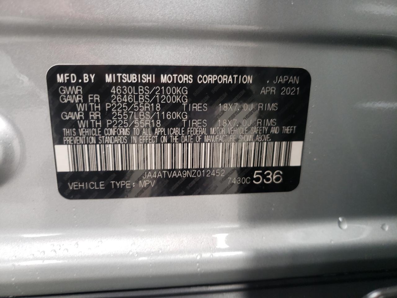 2022 Mitsubishi Eclipse Cross Le VIN: JA4ATVAA9NZ012452 Lot: 64060515