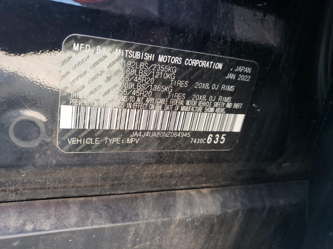 2022 Mitsubishi Outlander Se VIN: JA4J4UA80NZ064945 Lot: 64314145