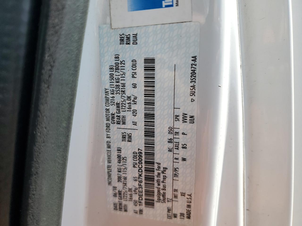 2019 Ford Econoline E350 Super Duty Cutaway Van VIN: 1FDEE3F67KDC00997 Lot: 65125815