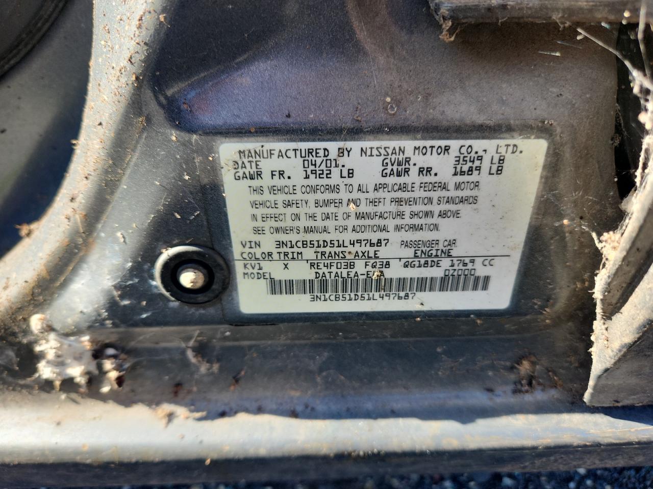2001 Nissan Sentra Xe VIN: 3N1CB51D51L497687 Lot: 62727875