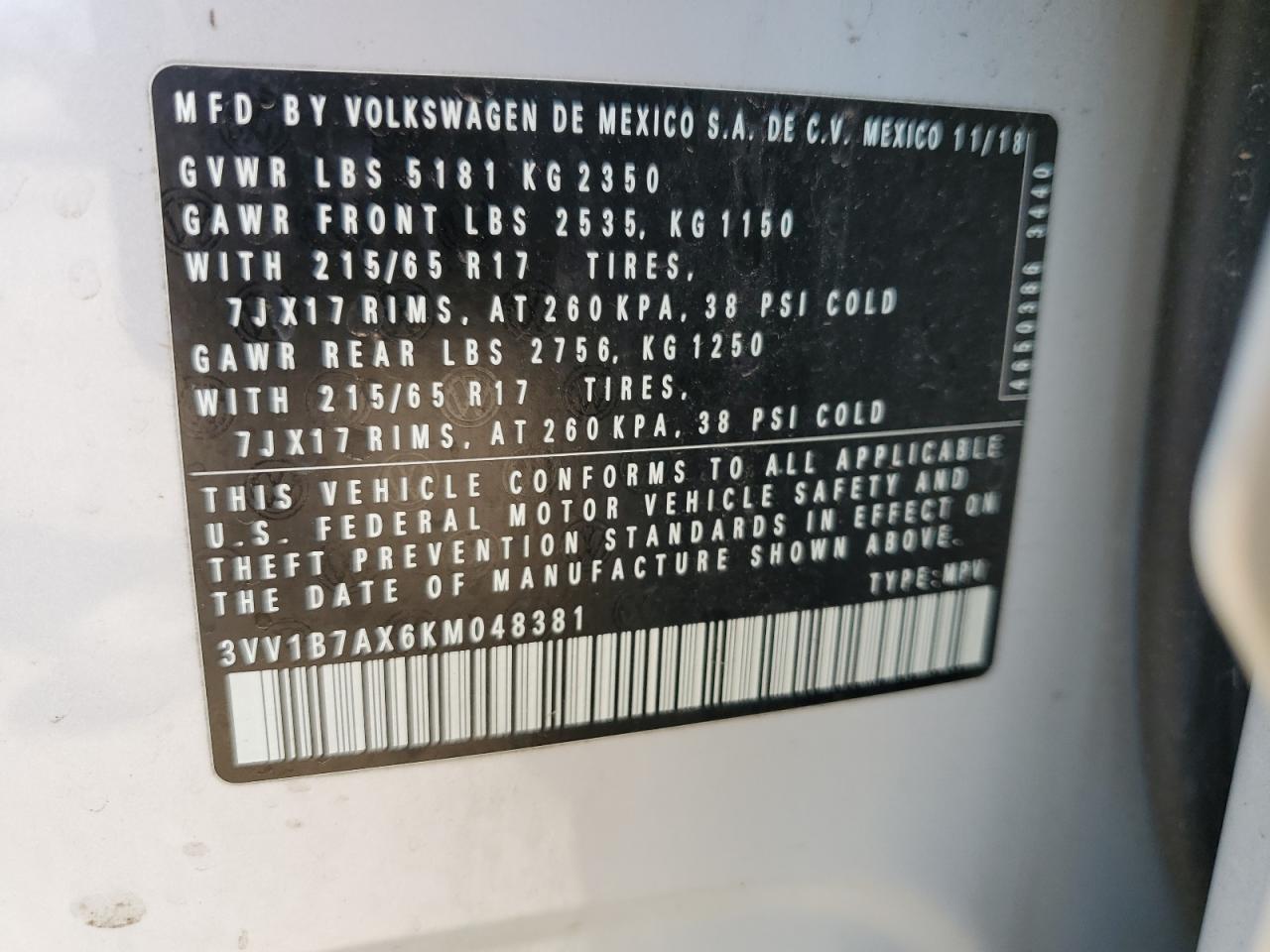 2019 Volkswagen Tiguan S VIN: 3VV1B7AX6KM048381 Lot: 65692105