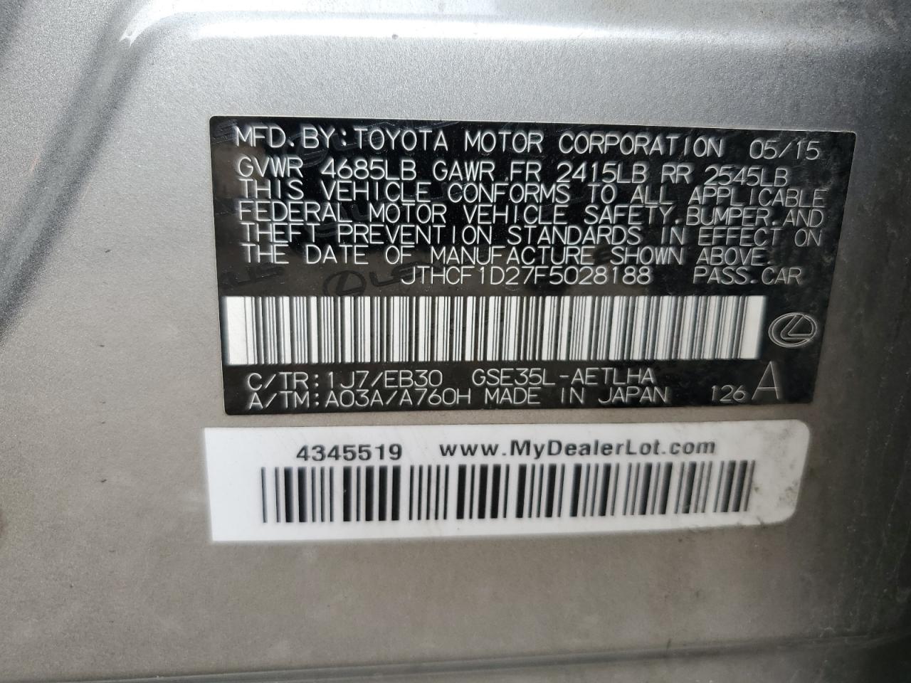 2015 Lexus Is 250 VIN: JTHCF1D27F5028188 Lot: 65271735