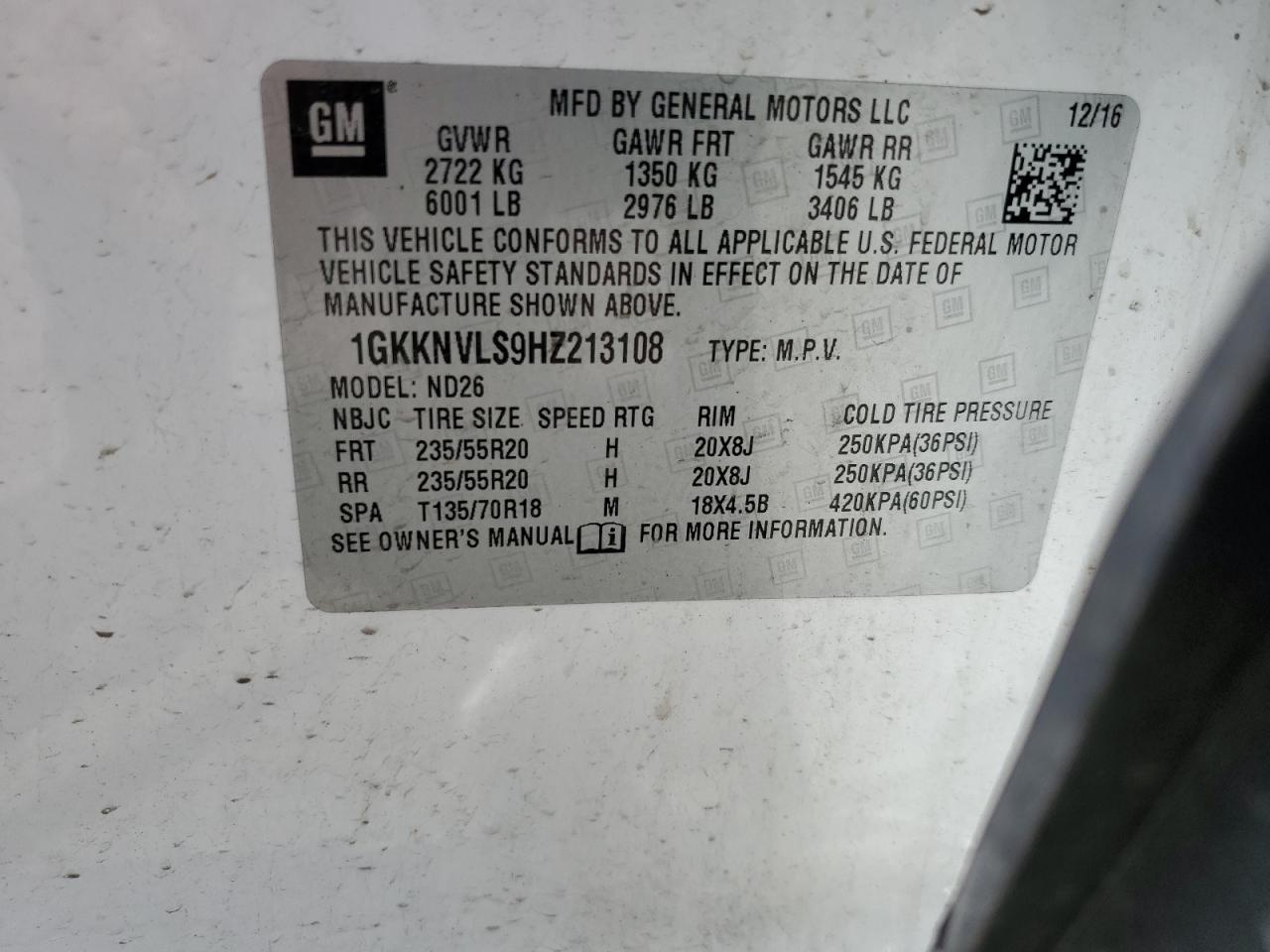 2017 GMC Acadia All Terrain VIN: 1GKKNVLS9HZ213108 Lot: 64456795