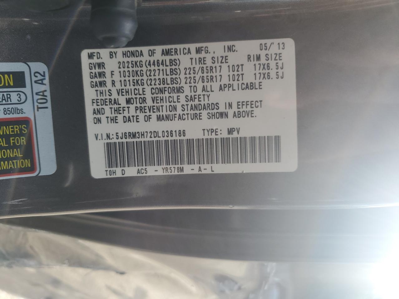 2013 Honda Cr-V Exl VIN: 5J6RM3H72DL036186 Lot: 64756625