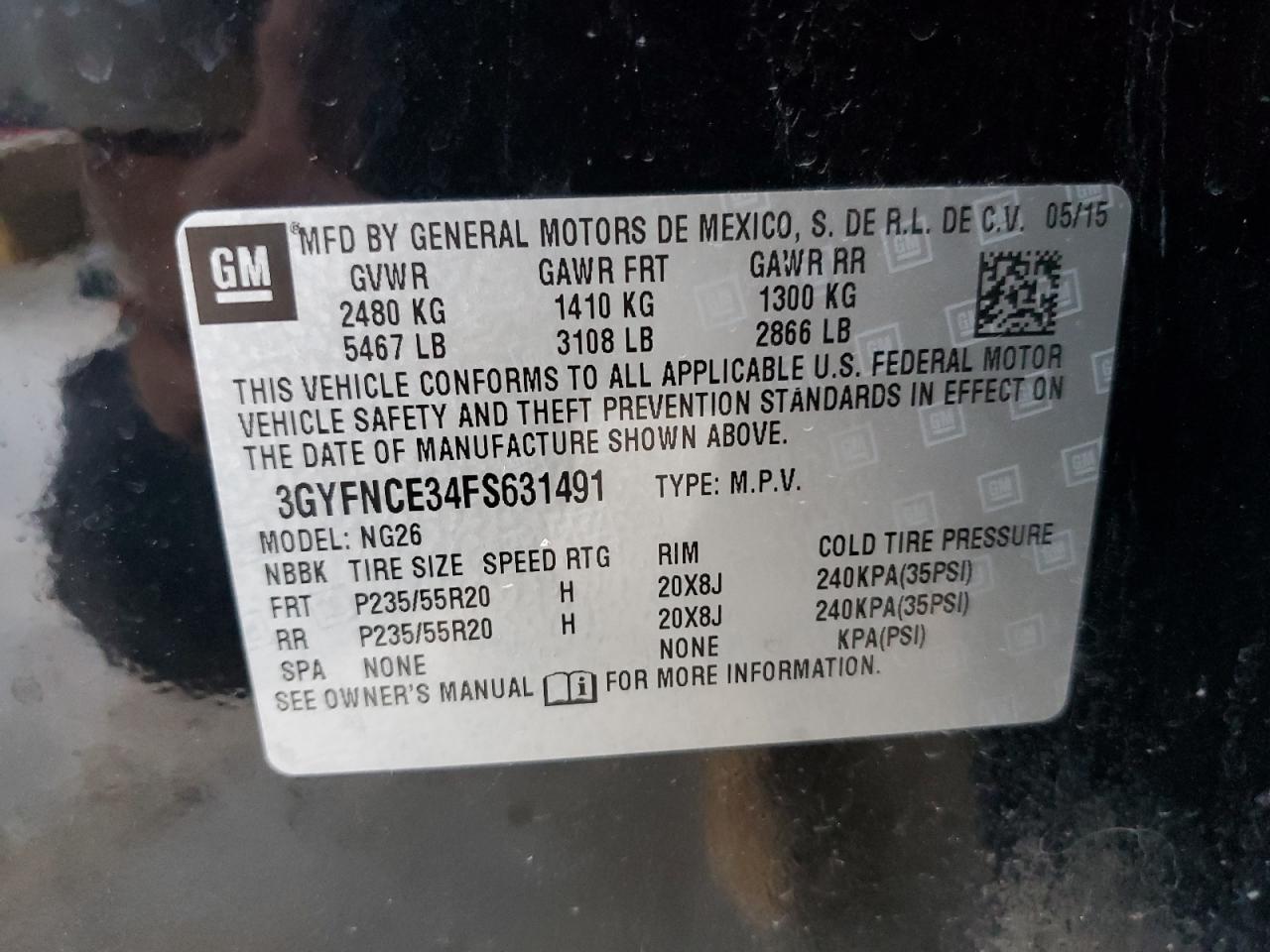 2015 Cadillac Srx Performance Collection VIN: 3GYFNCE34FS631491 Lot: 64109575