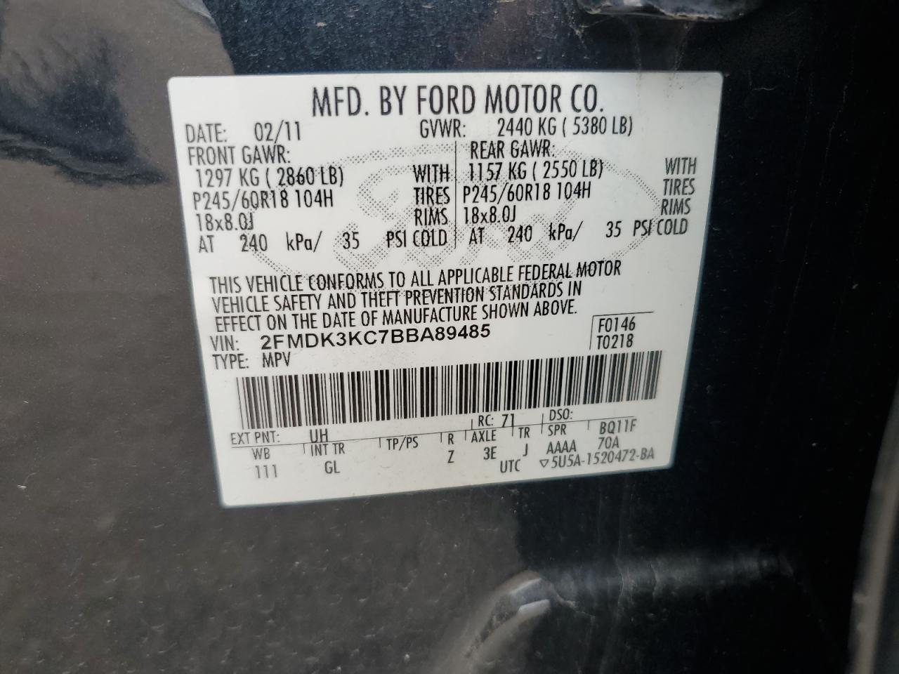 2011 Ford Edge Limited VIN: 2FMDK3KC7BBA89485 Lot: 64965725