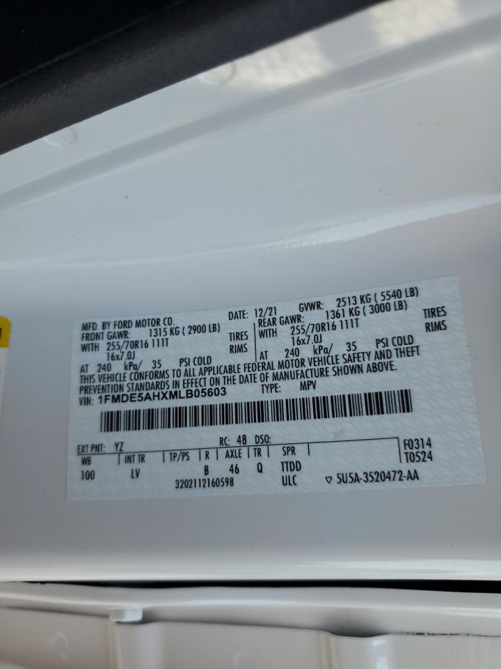 2021 Ford Bronco Base VIN: 1FMDE5AHXMLB05603 Lot: 65402035