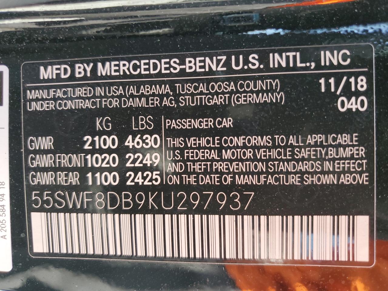 2019 Mercedes-Benz C 300 VIN: 55SWF8DB9KU297937 Lot: 64764675